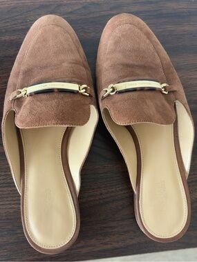 Michael Kors Brown Suede Backless Loafers with Gold-Tone Bar
